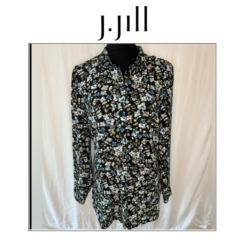 J Jill Top Floral L.S. Button Front Layered Shirt Blue Black Tunic #663